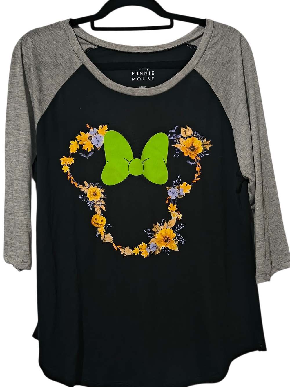 NWT XXL Disney Minnie Mouse Fall Hallowen Black Raglan Tee Gray Sleeves